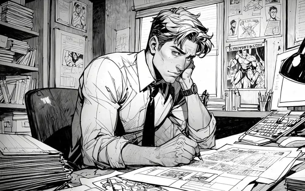 Comic-Illustration im Graphic-Novel-Stil: Ein frustrierter Mann wartet gelangweilt am Schreibtisch – Symbolbild für lange Wartezeiten bei der Website-Erstellung.