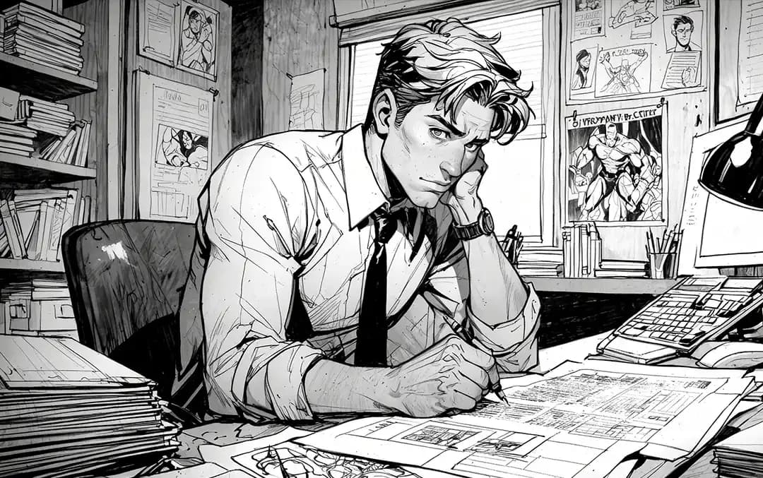 Comic-Illustration im Graphic-Novel-Stil: Ein frustrierter Mann wartet gelangweilt am Schreibtisch – Symbolbild für lange Wartezeiten bei der Website-Erstellung.