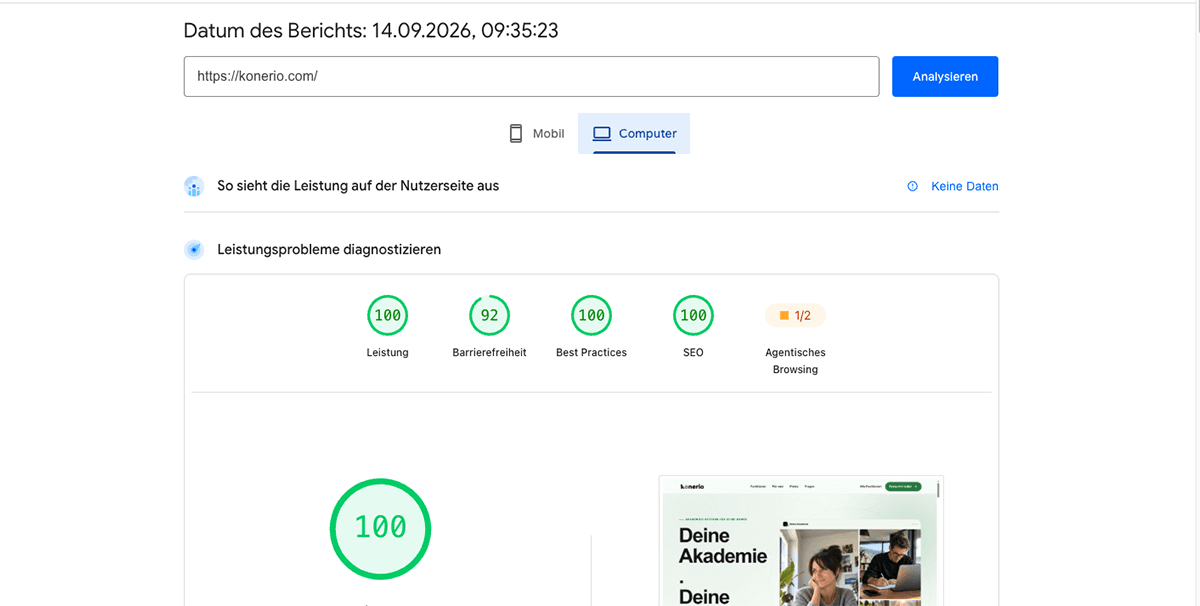Bericht einer Geschwindigkeitsmessung der Seite konerio.com mit den Bestwerten 100 für Leistung, Barrierefreiheit, Best Practices und Suchmaschinen.
