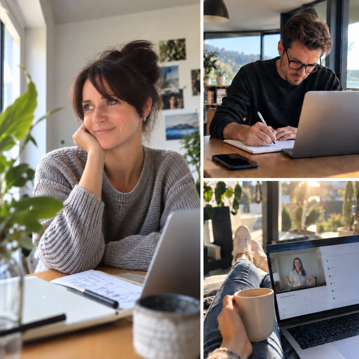 Vier Aufnahmen von Menschen, die an Notebooks lernen, zu Hause und im Büro. Bilder, mit KI bearbeitet.