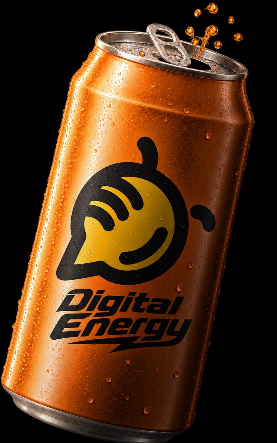 Eine orange Getränkedose mit dem webse-Zeichen und dem Schriftzug „Digital Energy“, vor einer hellen Wand. KI-generiertes Bild.