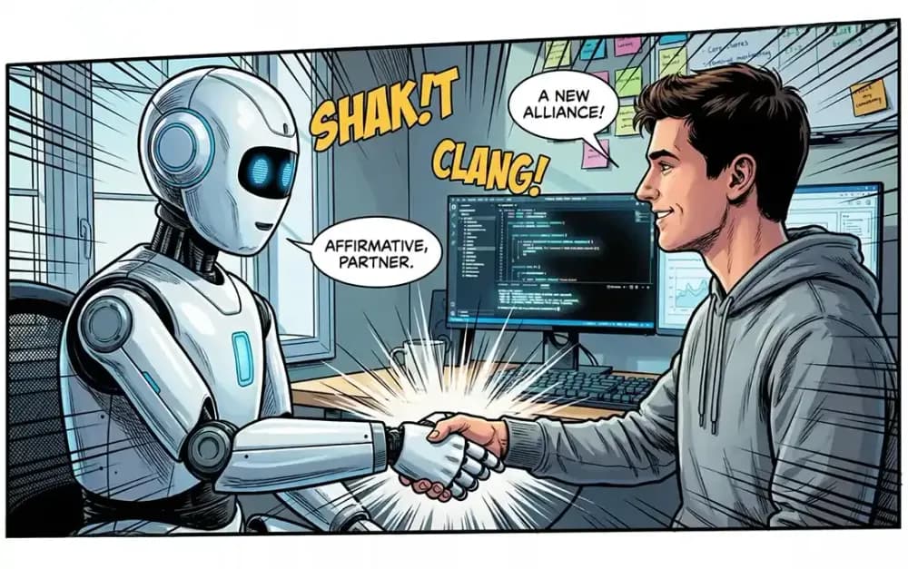 man with hoodie greeting a robot