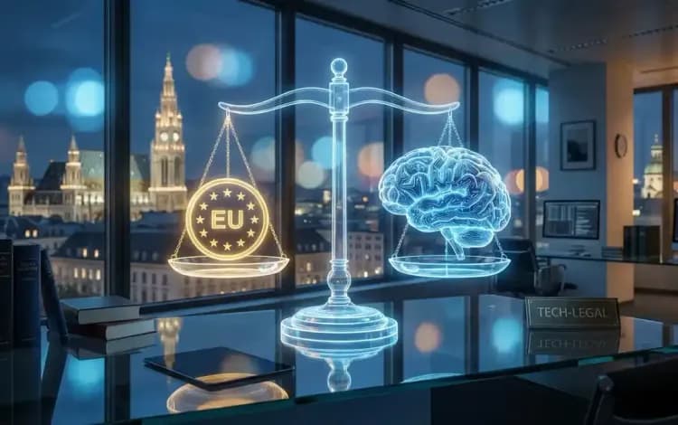 Modern picture of EU AI Act in comparison with a brain on a modern desk in a office in vienna