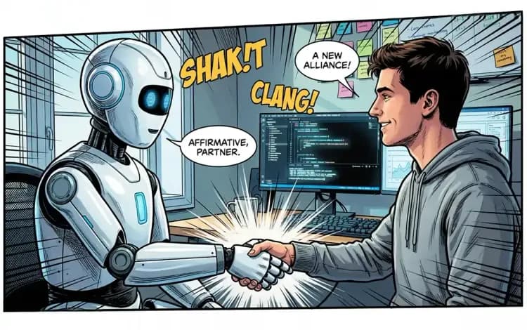 man with hoodie greeting a robot