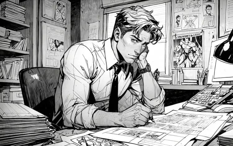 Comic-Illustration im Graphic-Novel-Stil: Ein frustrierter Mann wartet gelangweilt am Schreibtisch – Symbolbild für lange Wartezeiten bei der Website-Erstellung.