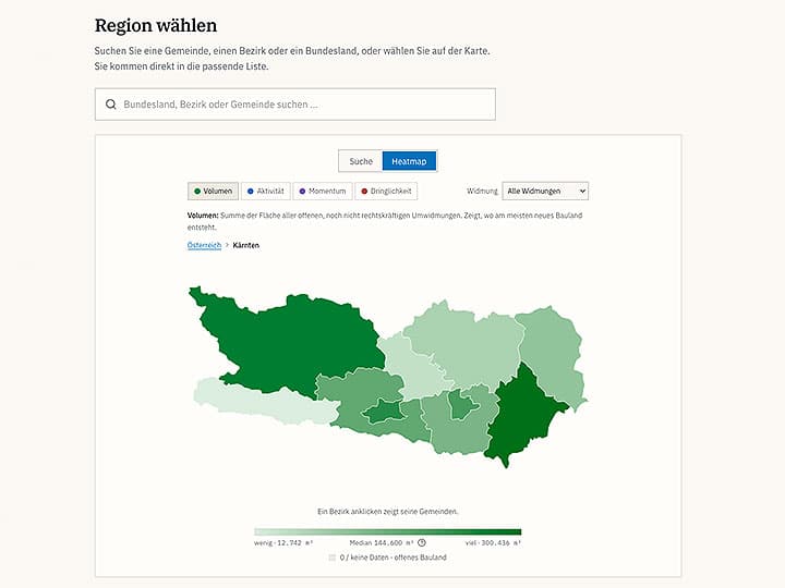 Das Umwidmungsradar: die Auswahl einer Region, Kärnten als Heatmap nach offenem Bauland