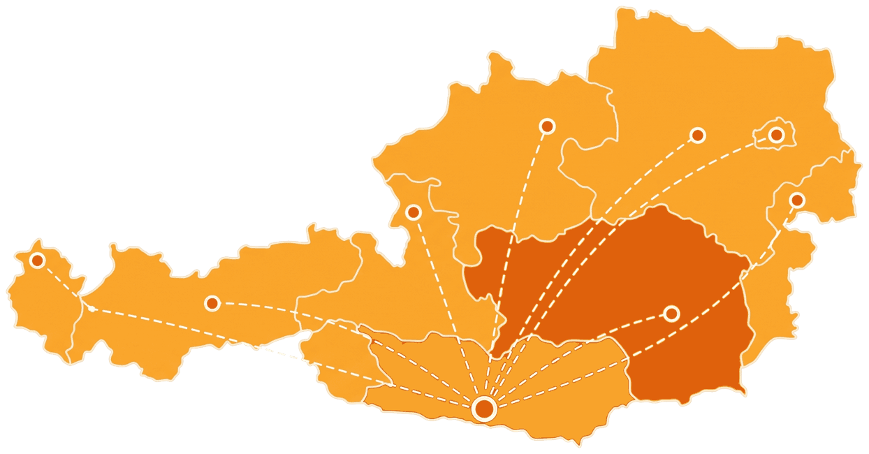 Karte von Österreich mit den Bundesländern. Von Villach aus führen Linien in alle Landesteile, die Steiermark ist hervorgehoben.