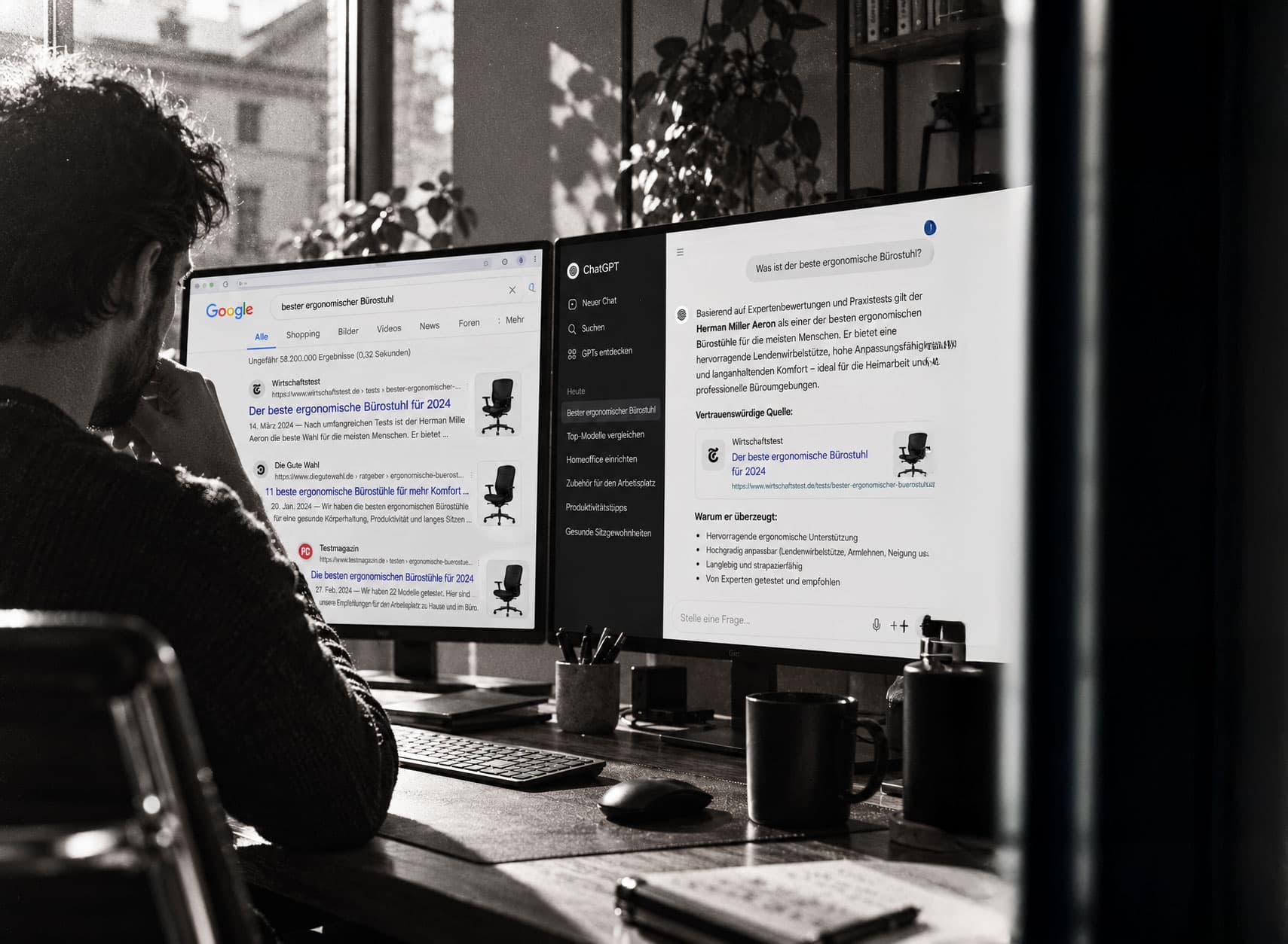 Schwarz-Weiß-Aufnahme eines Arbeitsplatzes: Eine Person sitzt vor zwei Bildschirmen, links die Google-Trefferliste zu einer Produktfrage, rechts die Antwort eines KI-Assistenten auf dieselbe Frage. Bild KI-generiert.