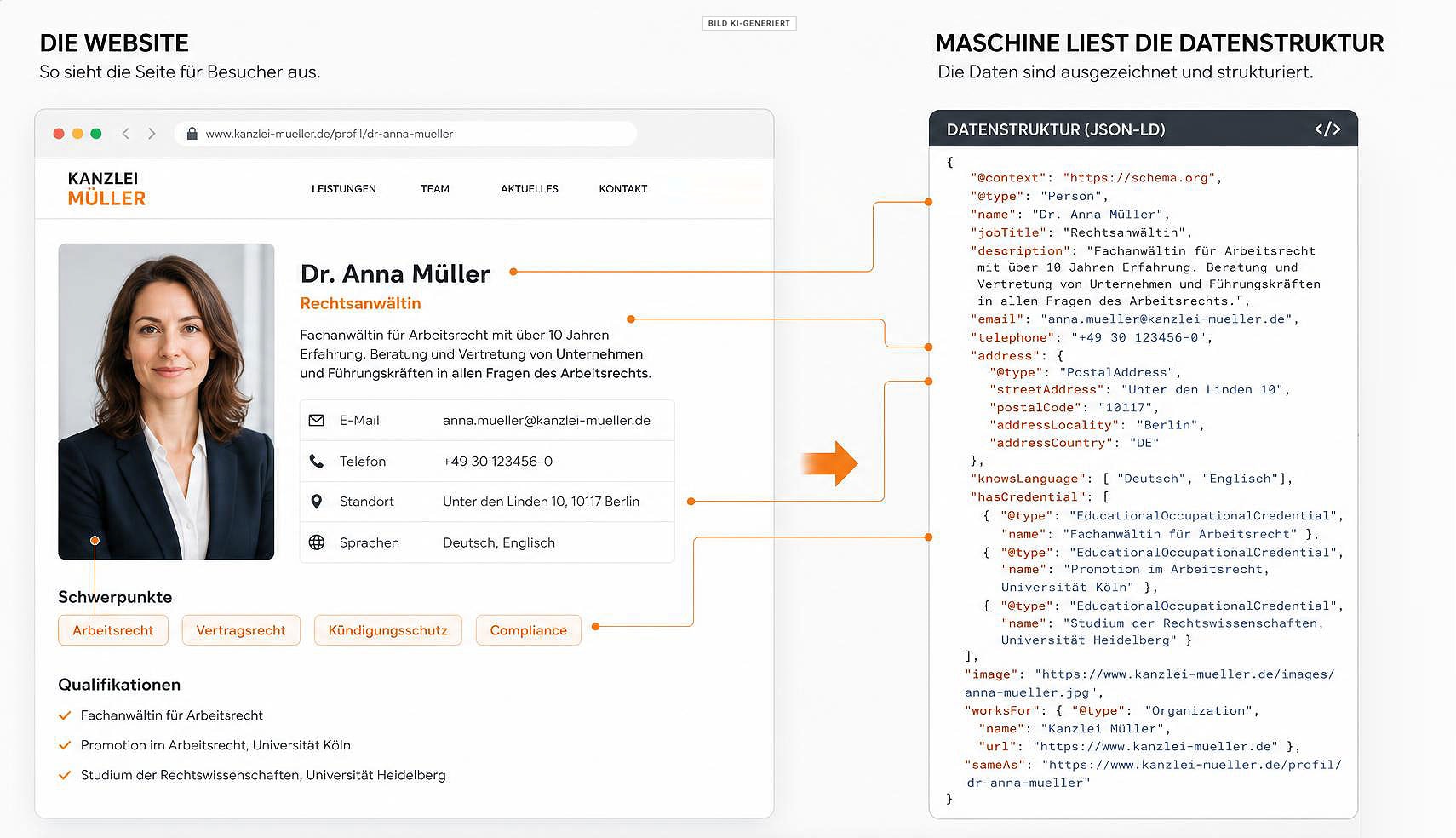 Beispiel einer fiktiven Kanzlei-Seite: links die Website, wie Besucher sie sehen, rechts dieselben Angaben als Datenstruktur nach Schema.org (JSON-LD), wie eine Maschine sie liest. Bild KI-generiert.