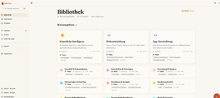 jukeep im Browser: die Bibliothek mit den Wissenssammlungen.