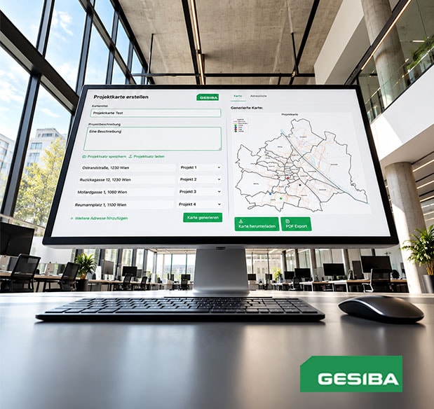 Die GESIBA-Projektkarte auf einem Bildschirm in einem Büro.