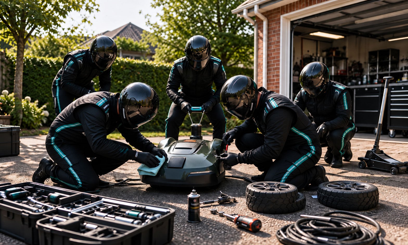 Ein Rennstall-Team wartet einen Mähroboter in einer Einfahrt.