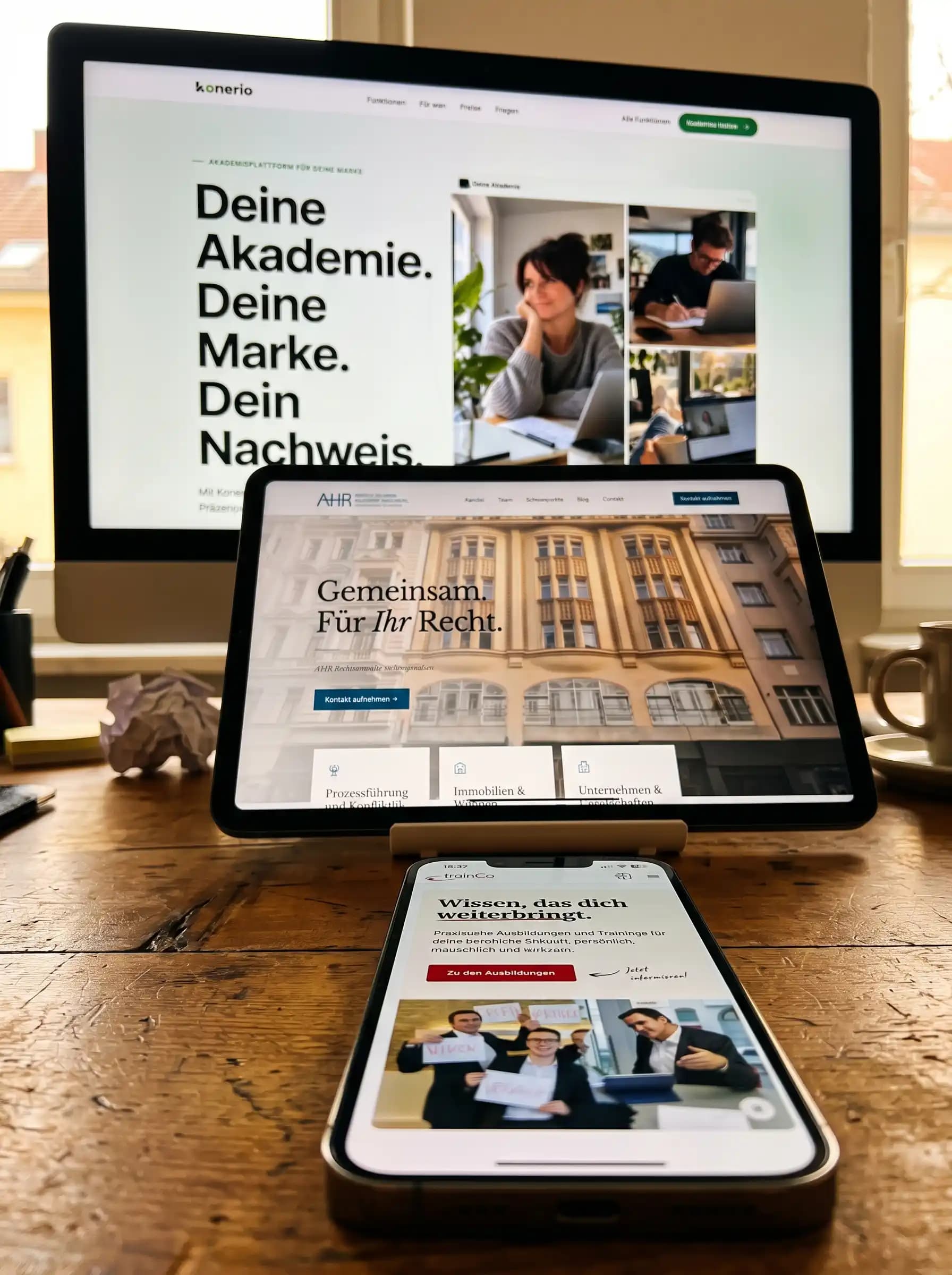 Drei von uns gebaute Websites nebeneinander: konerio am Bildschirm, AHR Rechtsanwälte am Tablet, trainCo am Handy