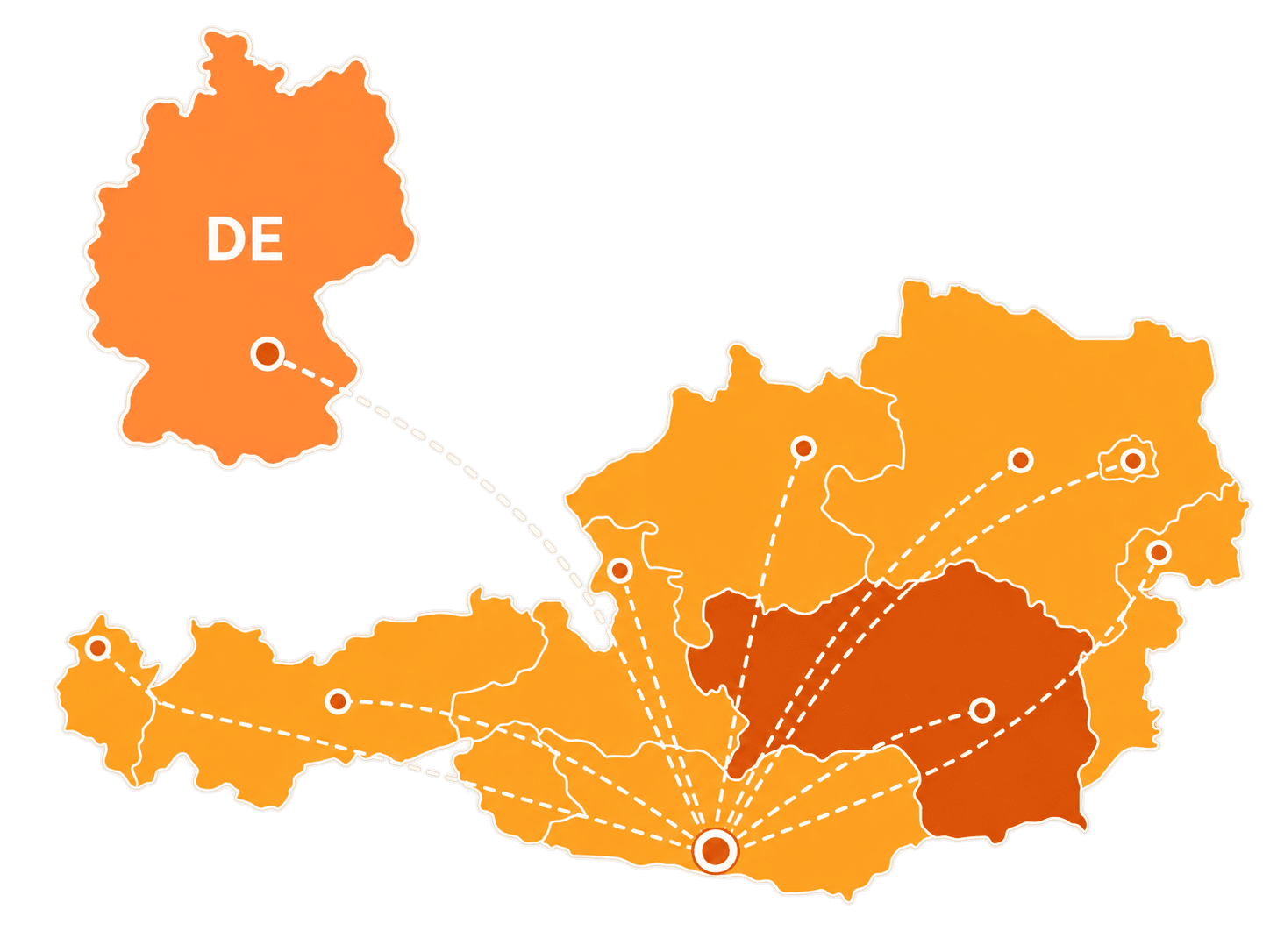 Karte von Österreich und Deutschland: Von Villach führen gestrichelte Linien zu den Orten, an denen unsere Kunden sitzen.