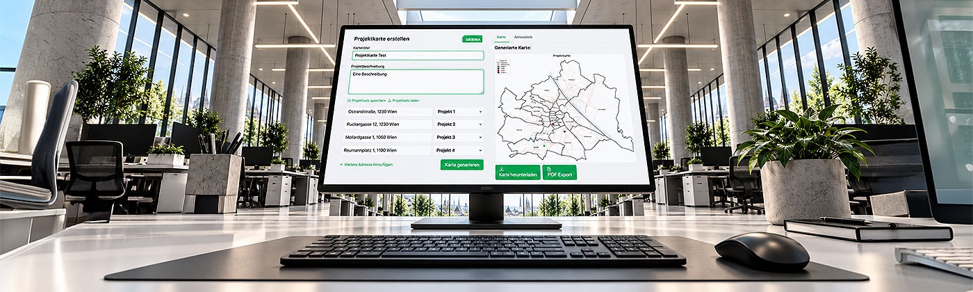Die GESIBA-Anwendung im Gebrauch: Kartenansicht mit mehreren Standorten