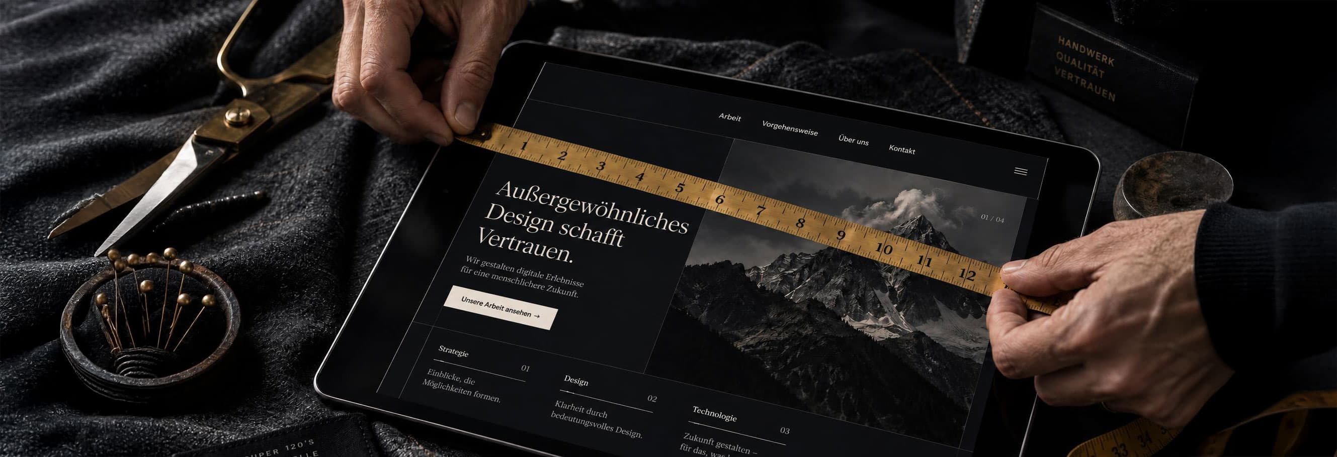 Hände legen ein Maßband über ein Tablet, auf dem eine Website zu sehen ist; daneben Schere, Stecknadeln und Stoff aus der Schneiderei